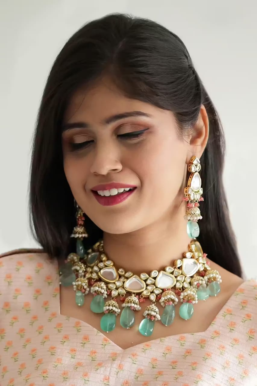 Gold Plated Bridal Kundan Polki Choker Necklace Set - Image 2
