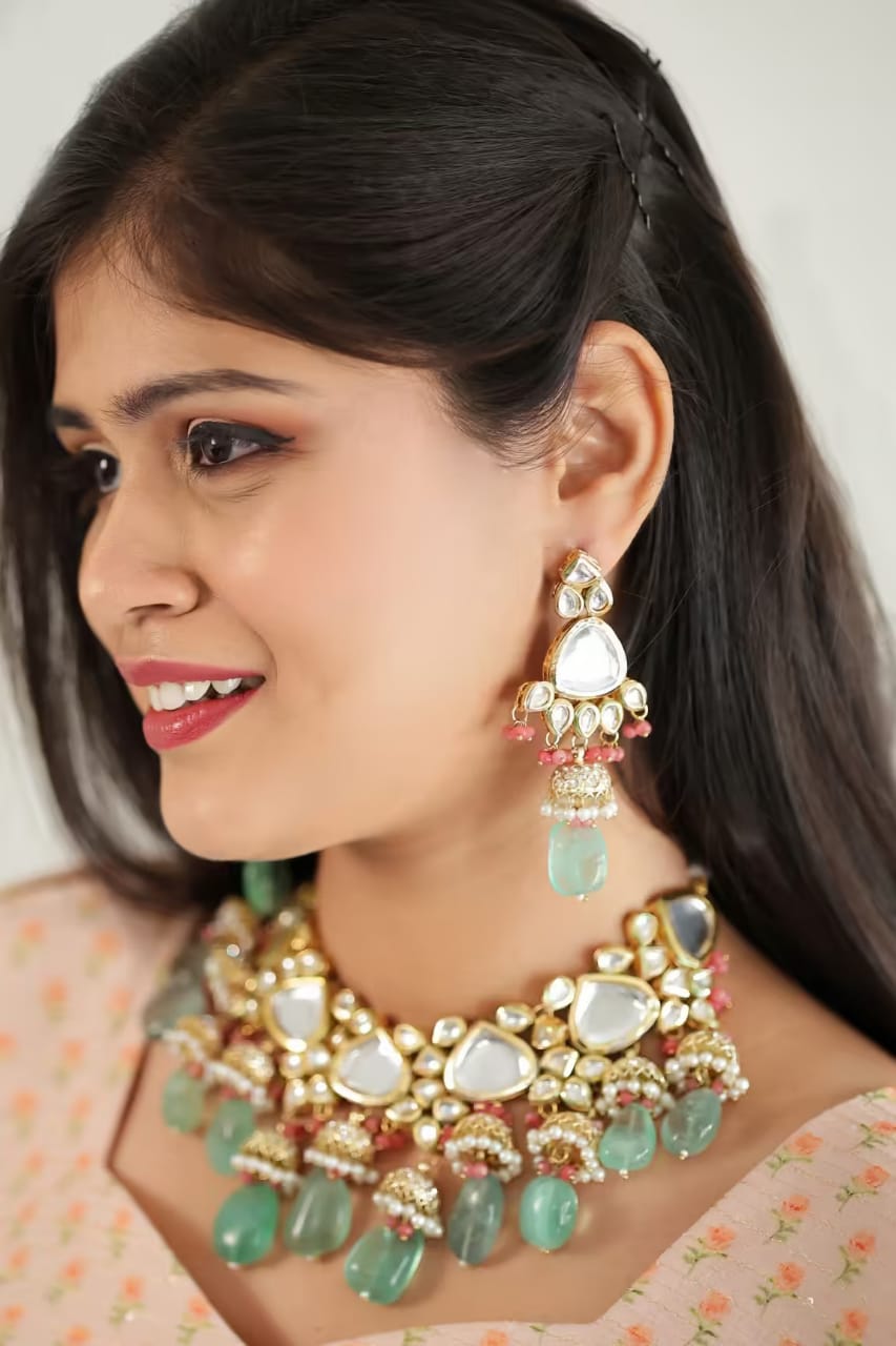 Gold Plated Bridal Kundan Polki Choker Necklace Set - Image 3