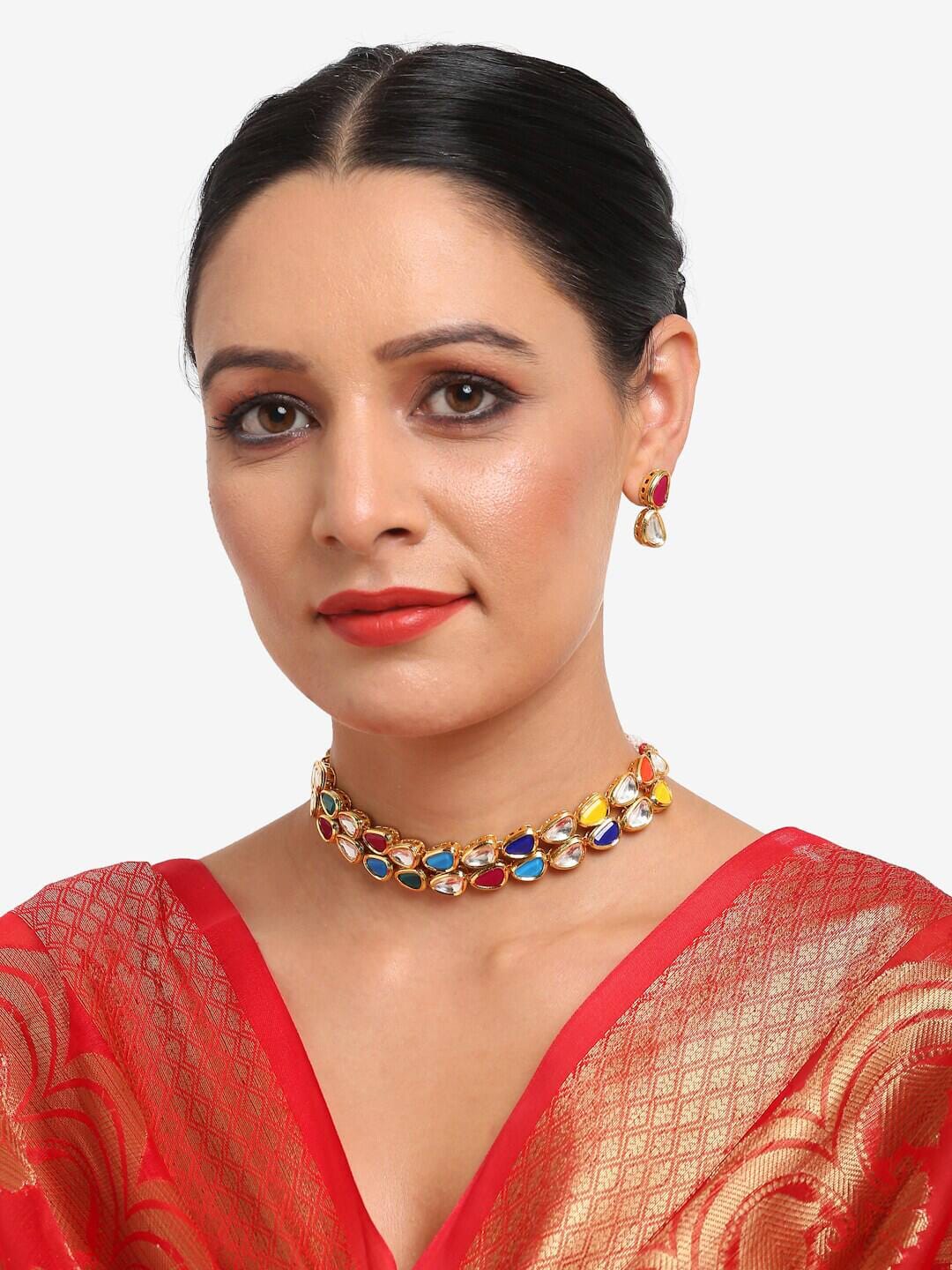Gold Plated Jadau Kundan Polki Choker Necklace Set - Image 2