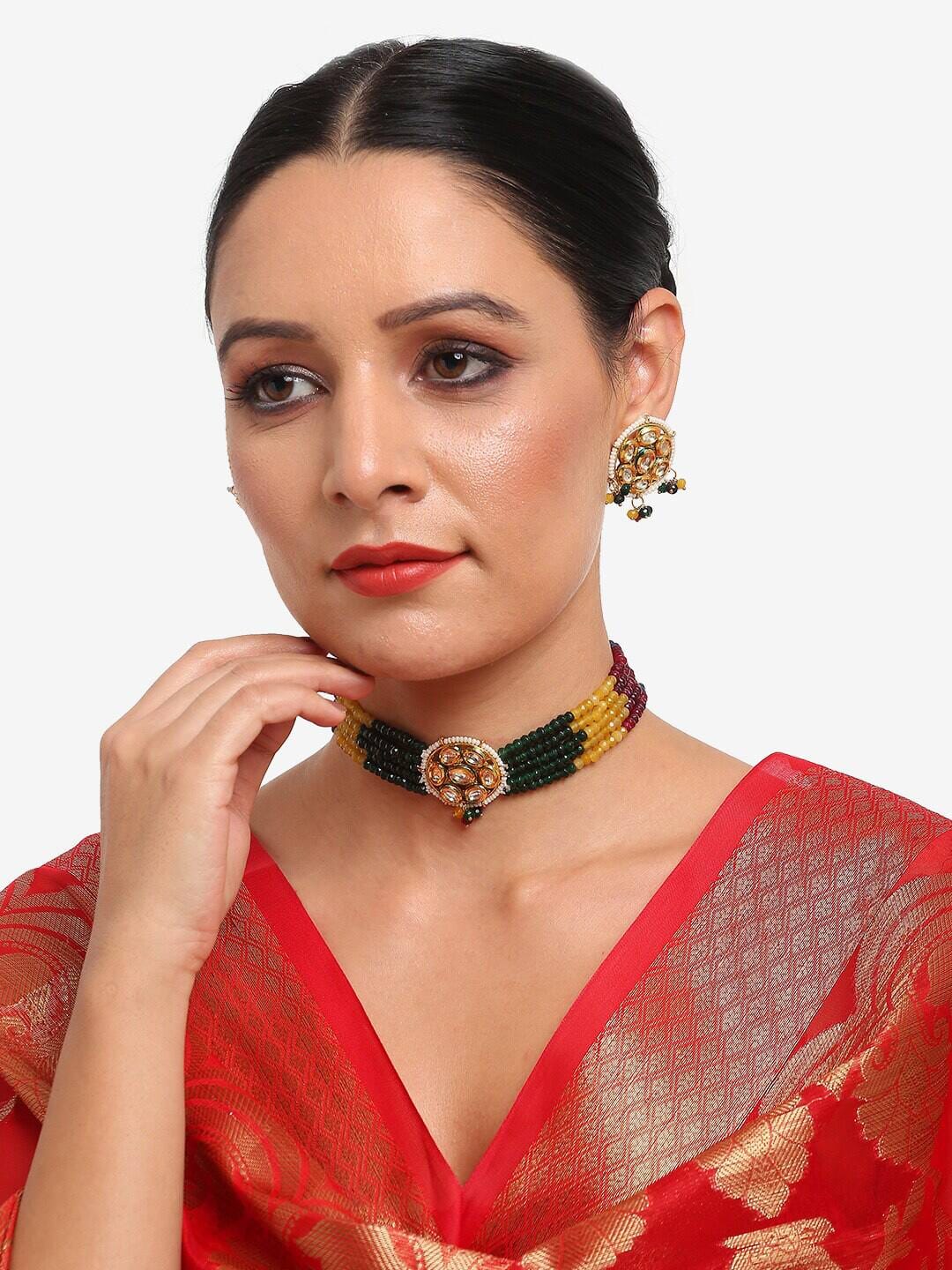 Gold Finish Kundan Polki & Multi-Colored Beaded Choker Necklace Set - Image 2