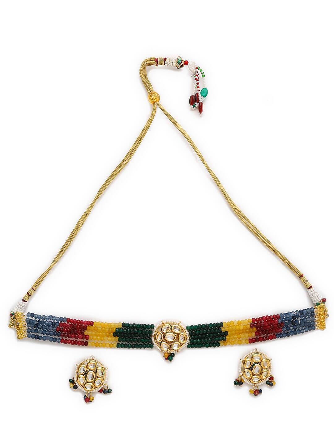 Gold Finish Kundan Polki & Multi-Colored Beaded Choker Necklace Set - Image 3