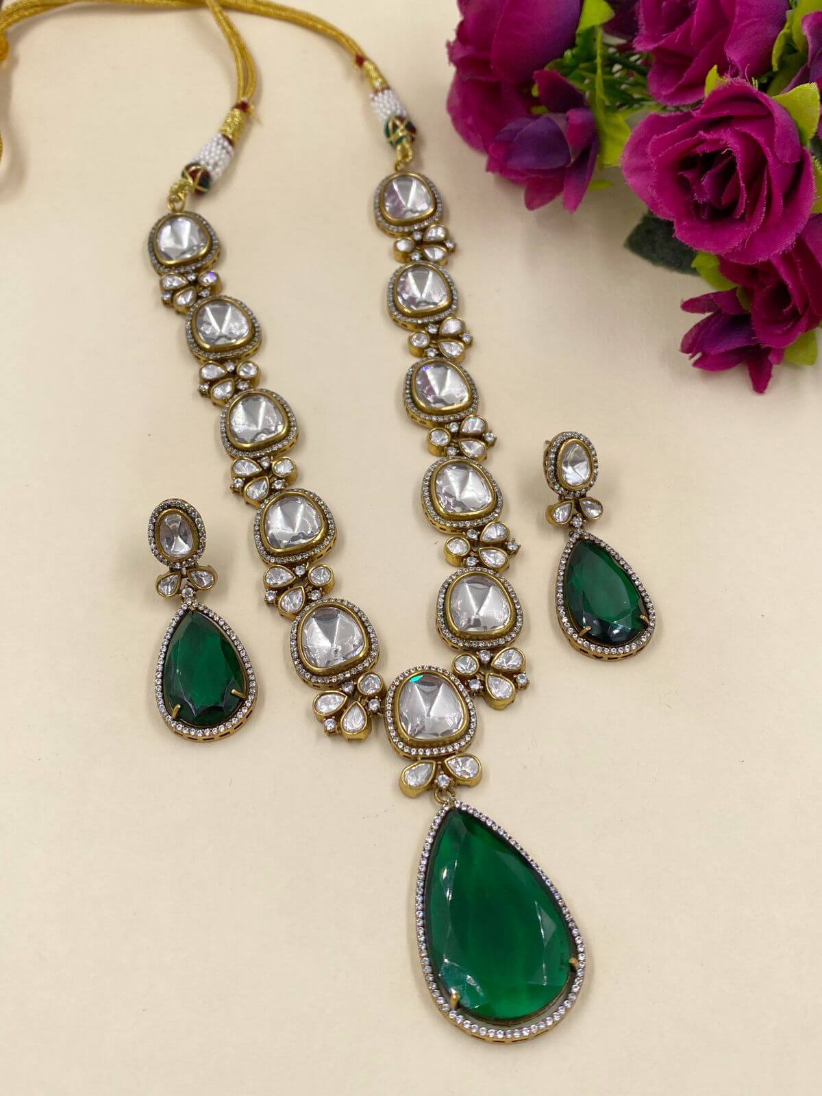 Green Drop Moissanite Short Neckpiece With Earrings