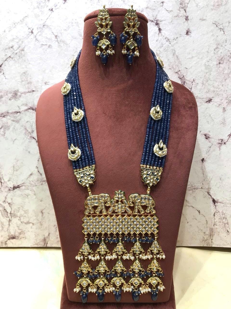 Long Necklace with Elephant Motif Kundan Necklace with Beads - Image 5