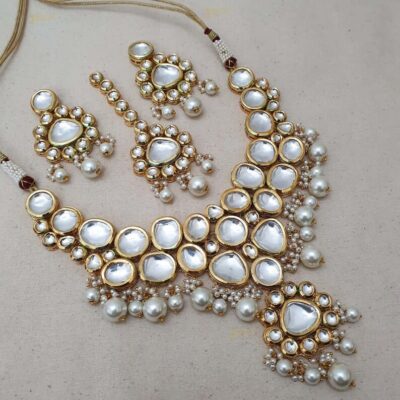 Kundan Polki Pearl Beads Necklace With Mangtika & Earrings