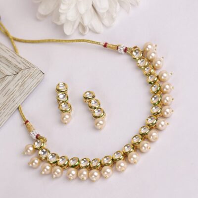 White Beads Kundan Gold Plated Jewellery Set
