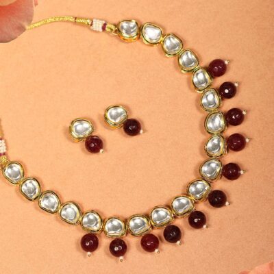 Red Beads Kundan Gold Plated Jewellery Set
