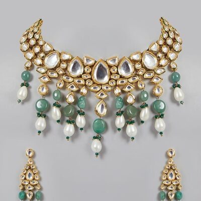 Gold Plated Kundan Polki & Pearl Necklace Set