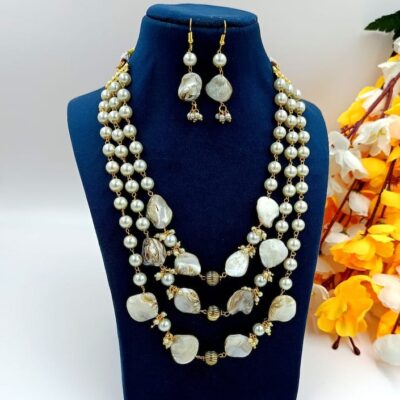 Long White Pearl  Necklace Set