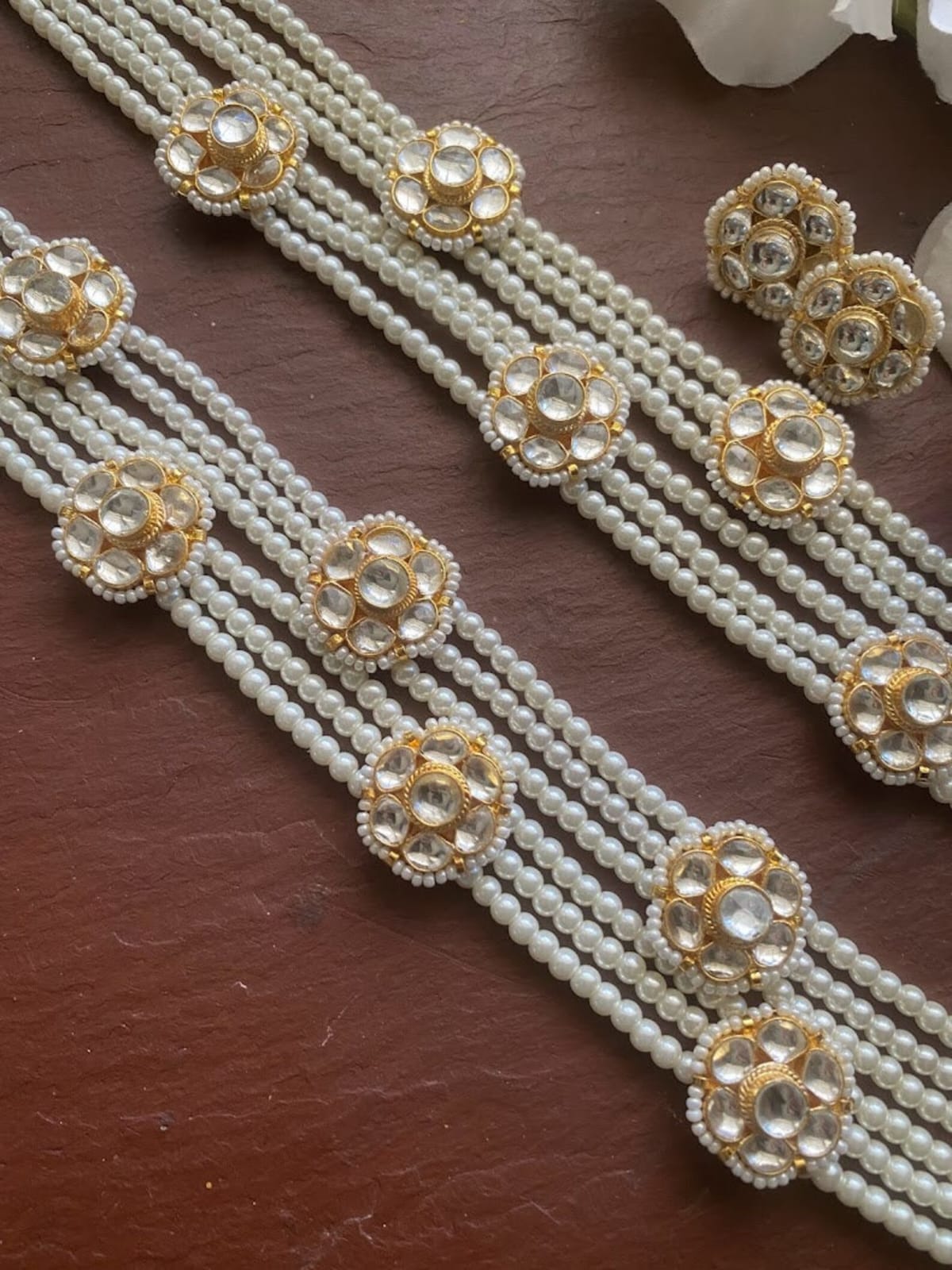 Fine Kundan jadau long White necklace set - Image 4