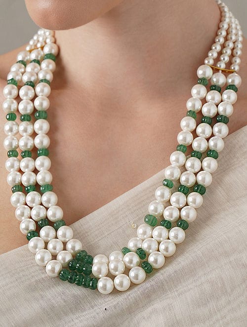 Long Emerald Green & White Pearl Necklace Set - Image 3