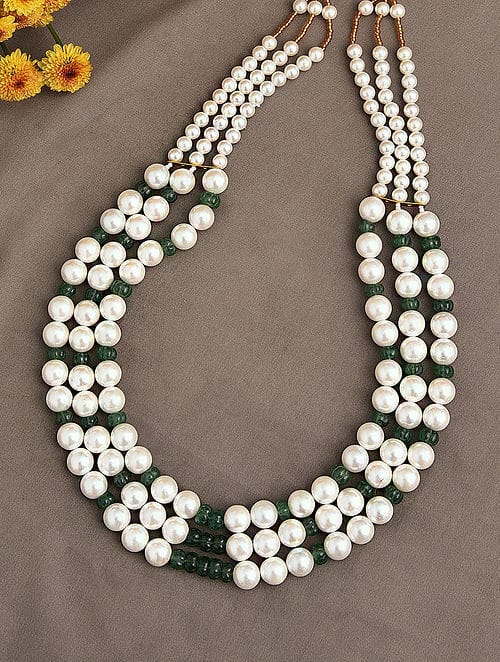 Long Emerald Green & White Pearl Necklace Set - Image 2