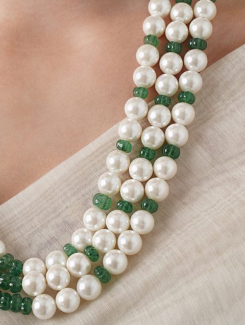 Long Emerald Green & White Pearl Necklace Set - Image 4