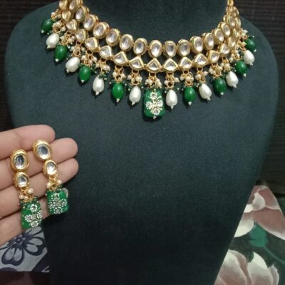 Gold-Plated Kundan-Studded & Beaded Necklace and Earrings