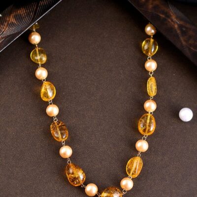 Gold Plated Yellow Quartz Pearl Unisex Necklace