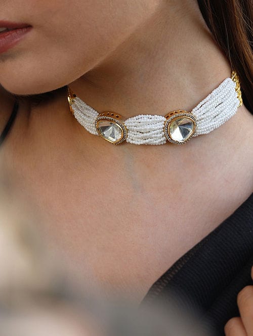 Gold Finish Kundan Polki & Pearl Choker Necklace - Image 3