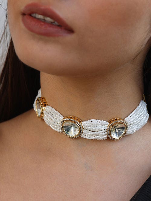 Gold Finish Kundan Polki & Pearl Choker Necklace - Image 2