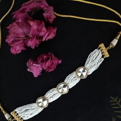 Gold Finish Kundan Polki & Pearl Choker Necklace