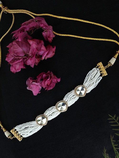 Gold Finish Kundan Polki & Pearl Choker Necklace
