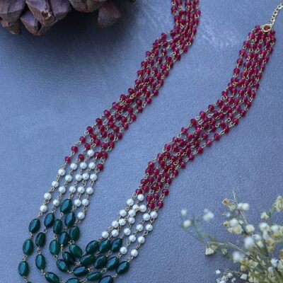 Red & Green With White Pearl Long Necklace