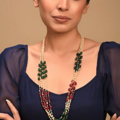 Red & Green With White Pearl Long Necklace