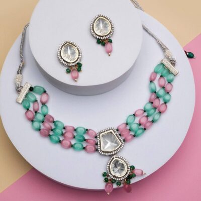 Multilayered Stone-Studded Necklace & Earrings Set