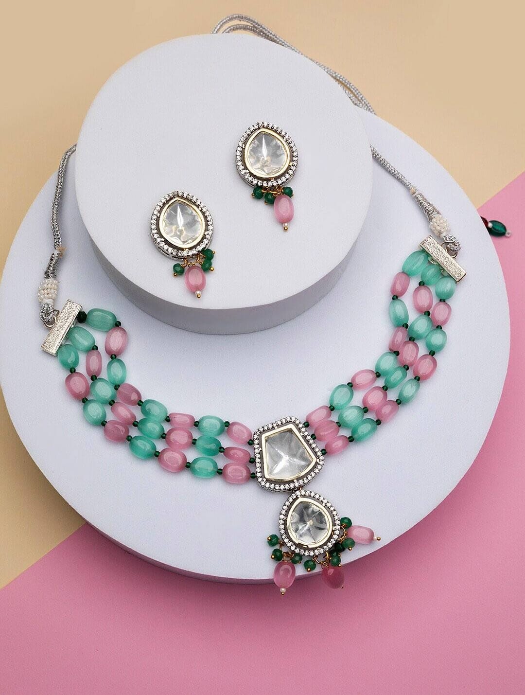 Multilayered Stone-Studded Necklace & Earrings Set