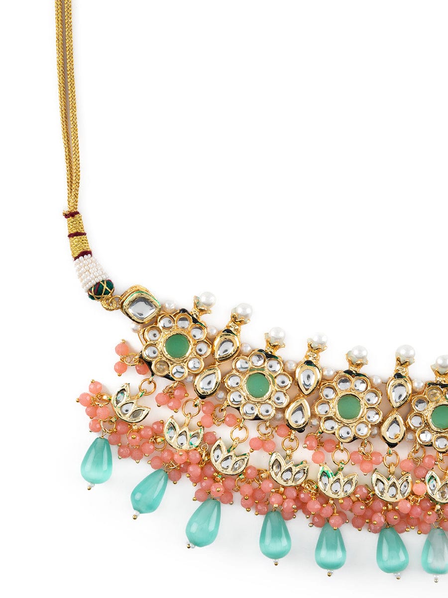 Gold Plated Kundan Choker Set With Monalisa Beads - Image 4