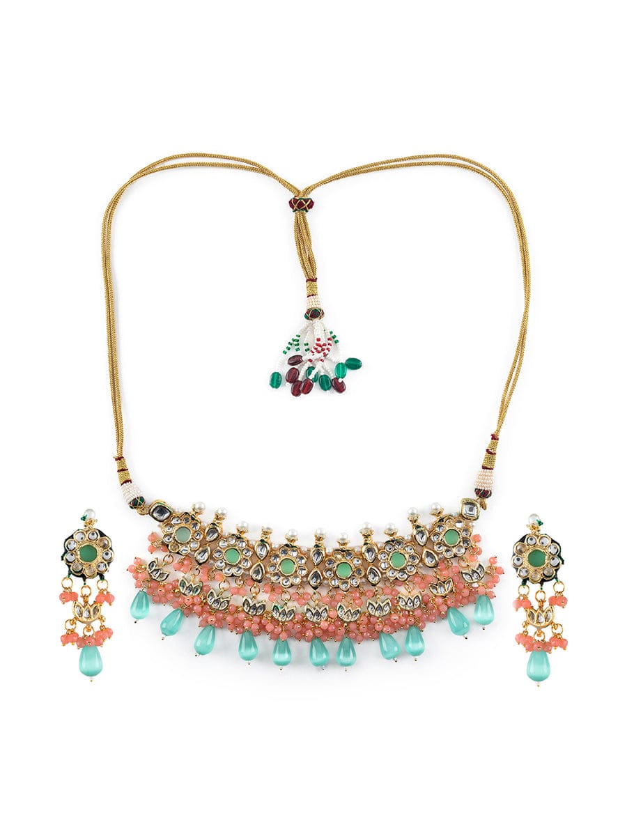 Gold Plated Kundan Choker Set With Monalisa Beads - Image 2