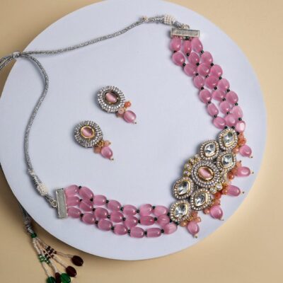 Pink Halo Style Multilayer Studded Beaded Gold-Plated Jewellery Set