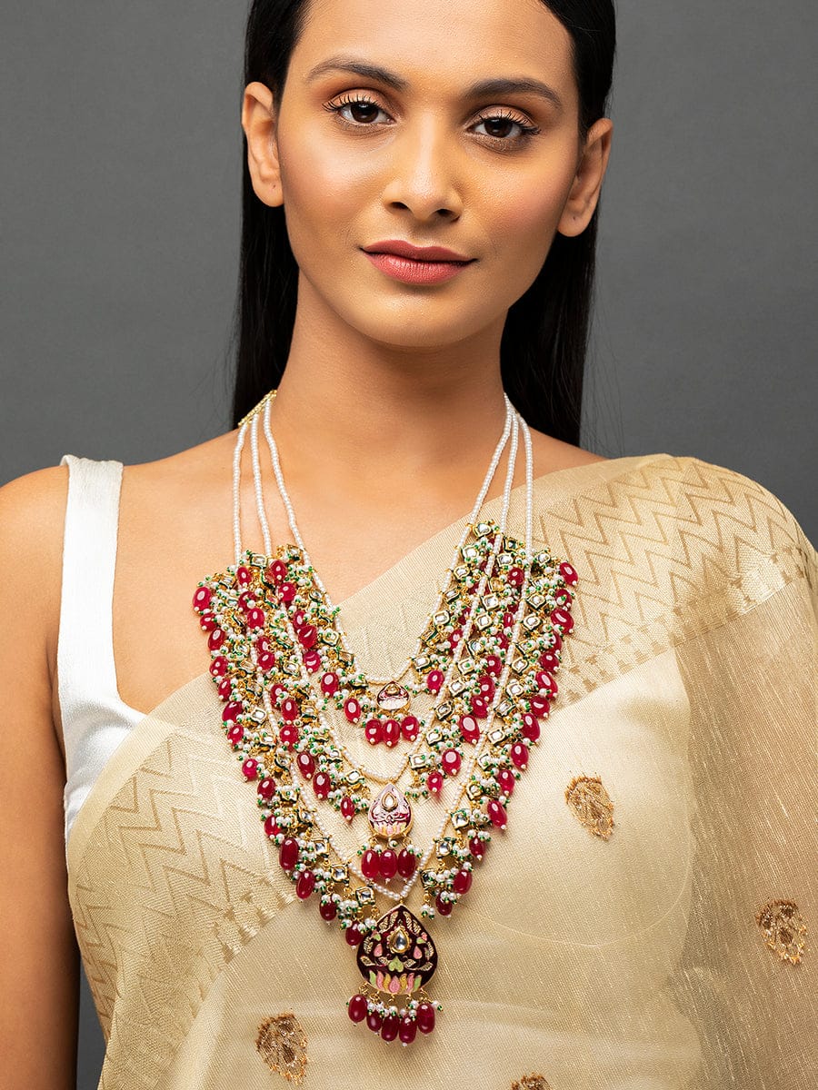 Stone-Studded Beaded Multi-Stranded Necklace