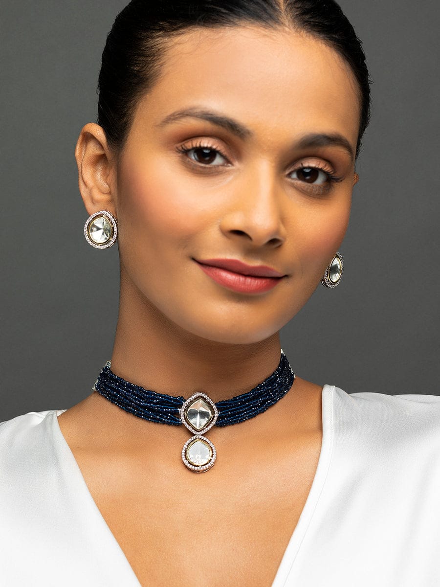 Silver Plated Polki Embellished Necklace Set - Image 2