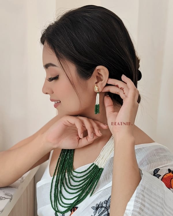 Long White & Green Peral Necklace Set - Image 6