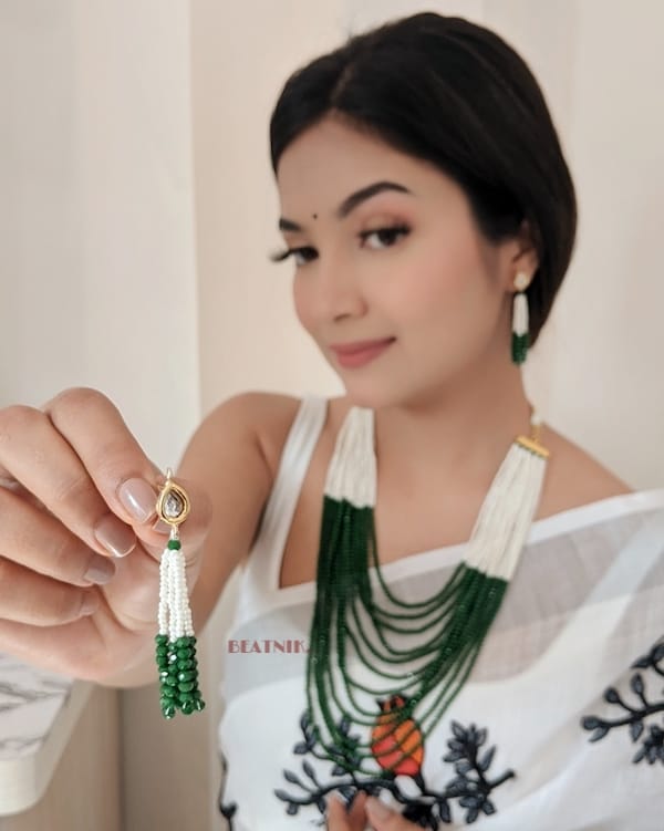 Long White & Green Peral Necklace Set - Image 9