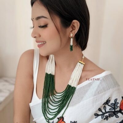 Long White & Green Peral Necklace Set