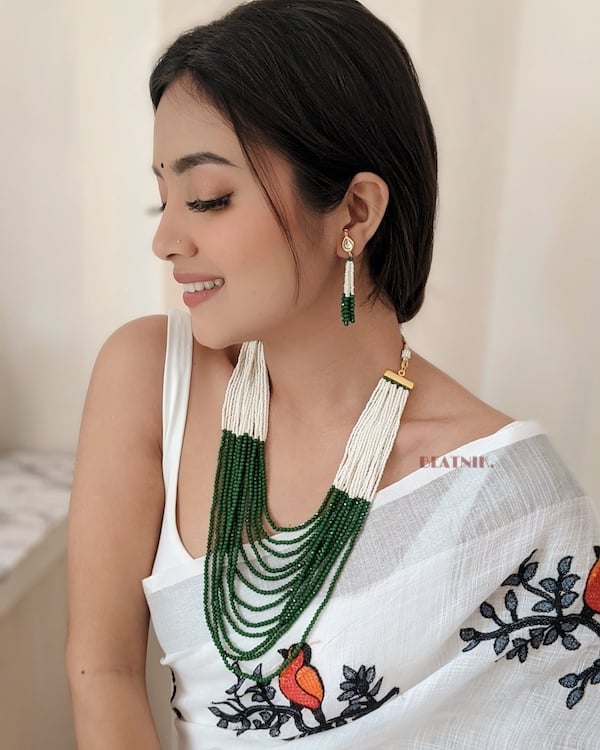 Long White & Green Peral Necklace Set