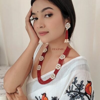 Gold Plated Red Beads & Kundan Neckpiece With Earrings