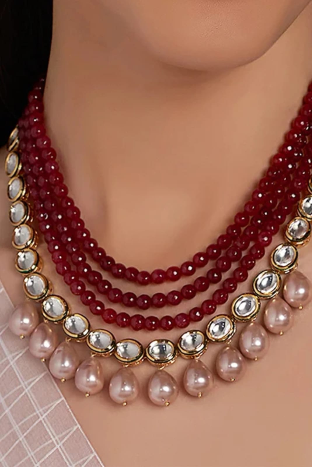 Gold Plated Red Kundan Neckpiece - Image 2