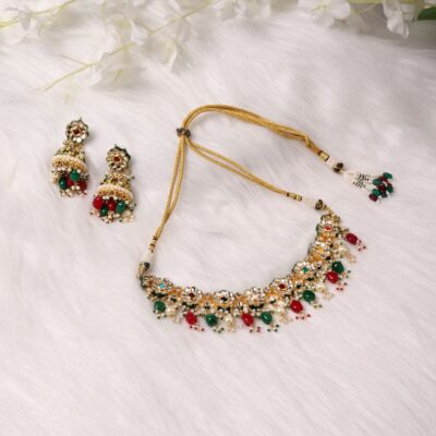 Gold Plated Red Green Kundan Neckpiece With Earrings