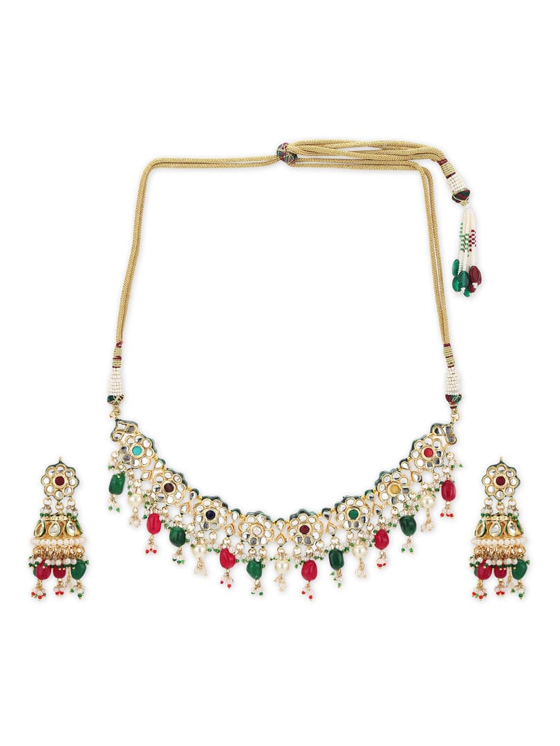 Gold Plated Red Green Kundan Neckpiece With Earrings - Image 3