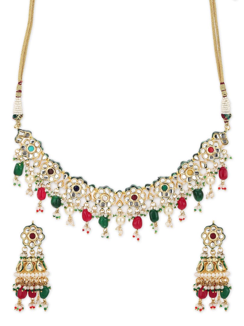 Gold Plated Red Green Kundan Neckpiece With Earrings - Image 4