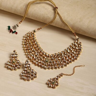 Gold Plated Bridel Kundan Necklace Set With Matching Earrings & Maangtika