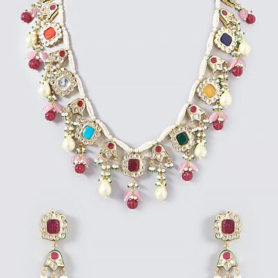Gold Plated Kundan Polki & Navaratna Stones Handcrafted Long Necklace Set