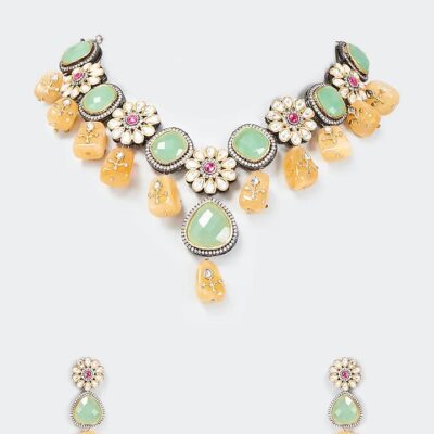 White Finish Kundan Polki Necklace Set