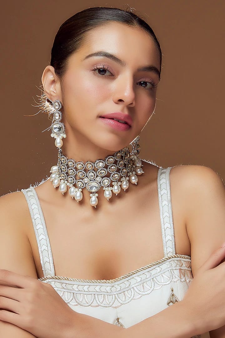 Gold Finish Faux Diamond Choker Necklace Set - Image 2