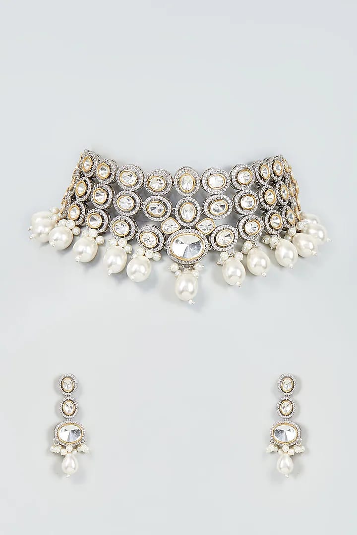 Gold Finish Faux Diamond Choker Necklace Set