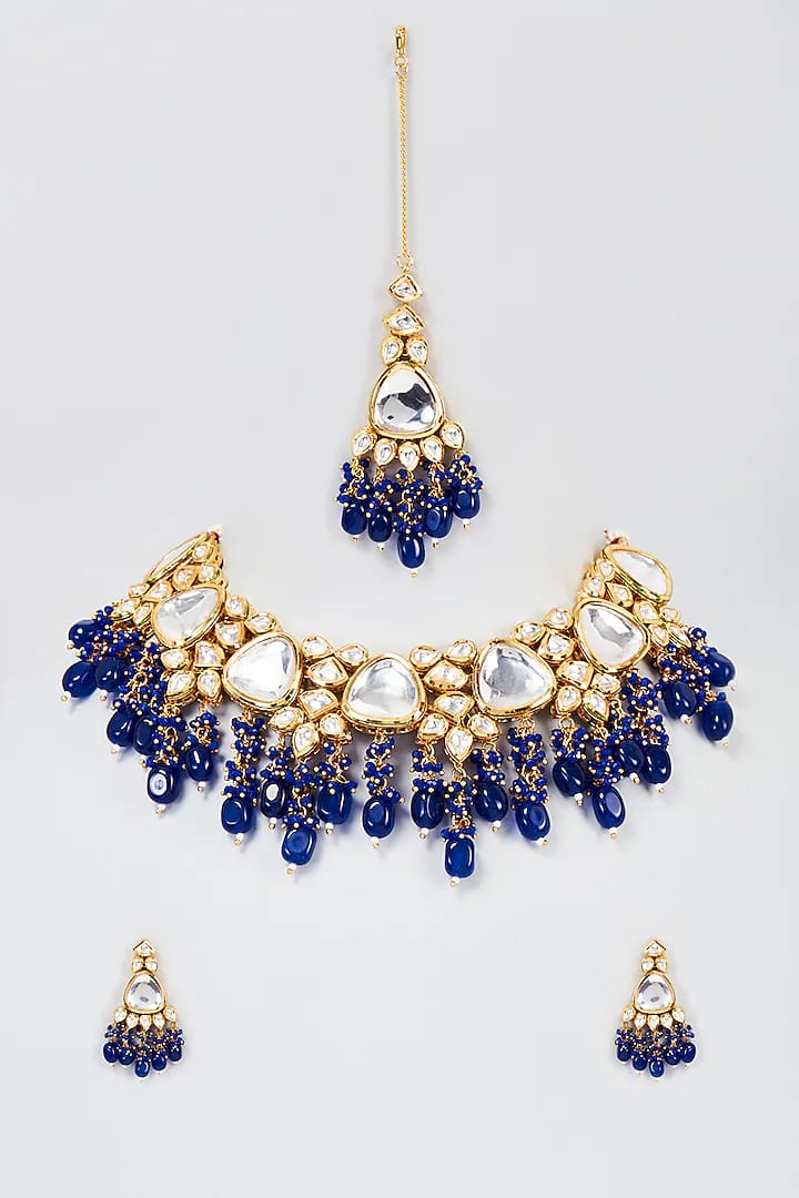 Gold Plated Blue Agate Beaded Necklace Set