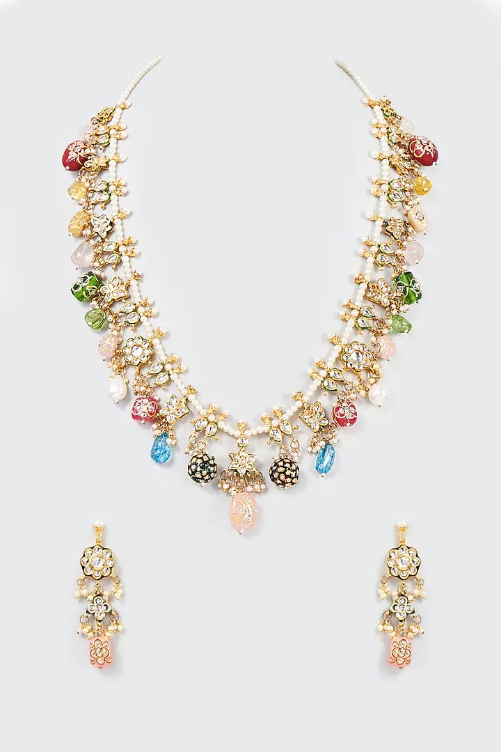 Gold Finish Multi-Colored Stone Long Necklace Set - Image 2