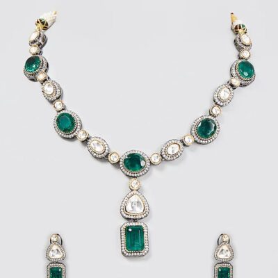 Gold Finish Green Stone & Kundan Necklace Set