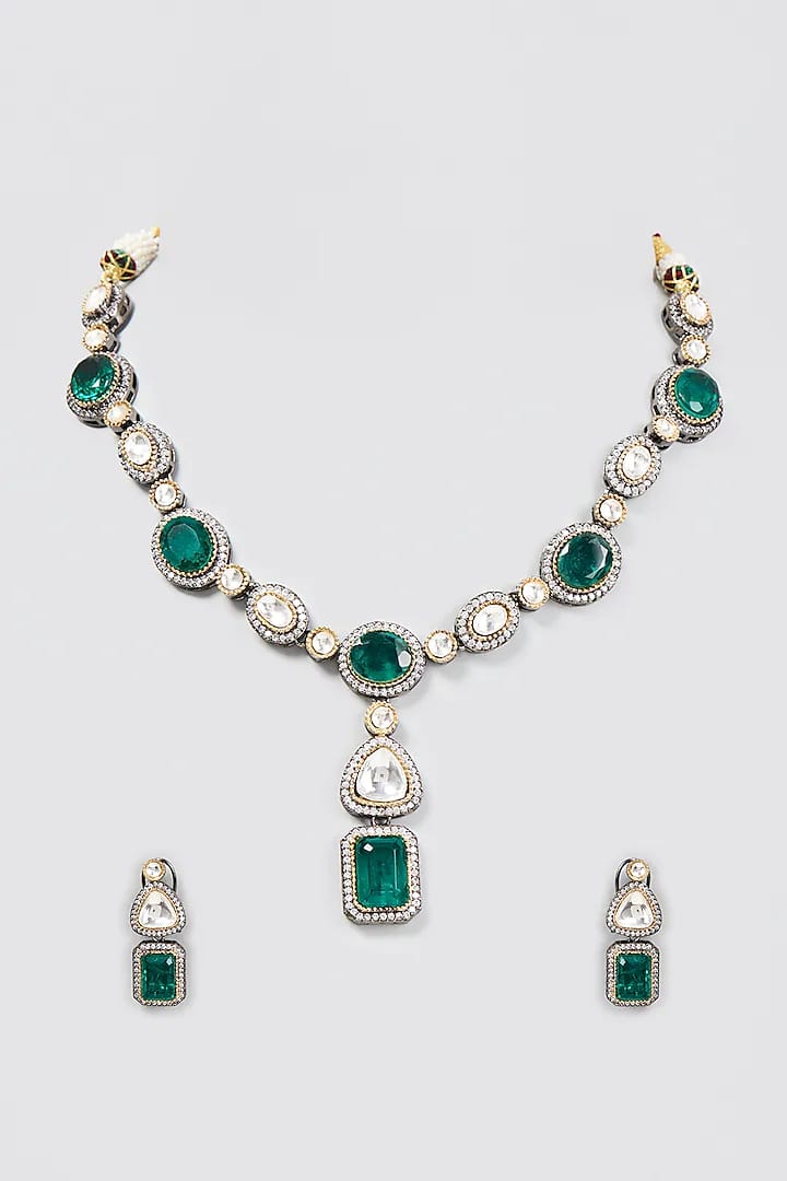 Gold Finish Green Stone & Kundan Necklace Set