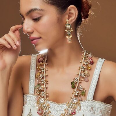 Gold Finish Multi-Colored Stone Long Necklace Set